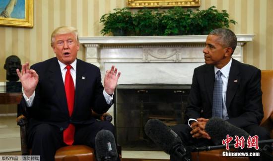 当地时间11月10日，美国总统奥巴马与新当选总统特朗普在白宫进行了长达一个半小时的会面，商讨政权交接等事宜。