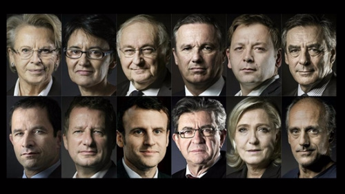 十二位都宣布角逐下届法国总统。上右一：菲永；下右二：玛琳娜·勒庞；下右三：梅郎顺；下右四：马克龙；下左一：阿蒙。