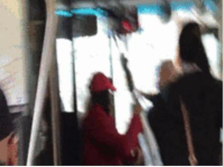 图中的红衣女子辱骂华裔耆老王正兴并举伞殴打他。(美国中文网视频截图)
