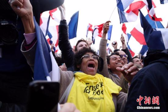 巴黎时间5月7日晚，法国总统选举第二轮投票初步计票结果显示，中间派独立候选人、“前进”运动领导人埃马纽埃尔·马克龙以大幅优势击败极右翼政党“国民阵线”候选人马丽娜·勒庞。年仅39岁的马克龙由此成为法国史上最年轻的总统，也成为世界上最年轻的大国领导人。图为马克龙的支持者在得知马克龙当选后欢呼。 <span target='_blank' href='http://www.chinanews.com/'></div>中新社</span>记者 龙剑武 摄
