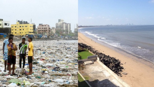 过去的“垃圾沙滩”（左）和清理完毕的沙滩（右）。图片来源：联合国环境署