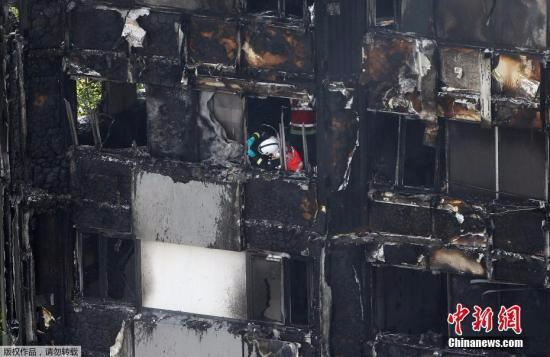 据外媒报道，继伦敦救护车服务部门之后，英国国民保健服务系统(NHS)进一步更新消息称，目前，伦敦多家医院共收治了74名西区高层公寓楼火灾伤者，其中20人接受重症监护。图为消防员在火灾现场调查。