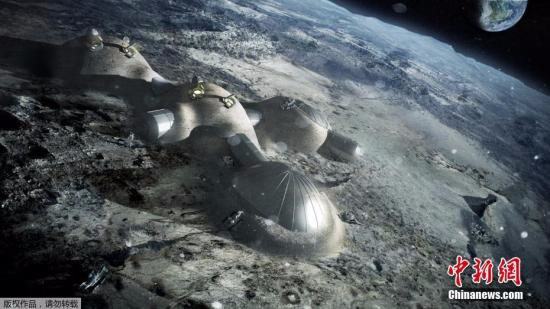 资料图：欧洲航天局发布3D打印月球基地效果图。