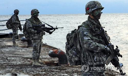 资料图片：2016年12月，在独岛防御演习中，韩国海军陆战队登上独岛。(韩联社/韩国海军陆战队机关报截图)