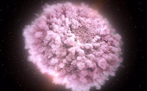 NASA发布了中子星相撞时产生的粉色云团。（图片来源：NASA）