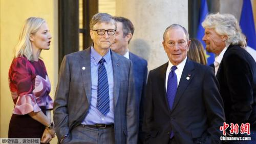 巴黎气候峰会上的英美嘉宾：比尔·盖茨、前纽约市长迈克尔·布隆伯格和英国亿万富翁理查德·布兰森（右）。