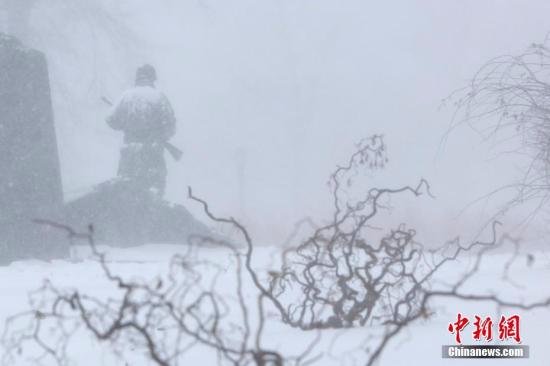 当地时间1月4日，暴雪中纽约法拉盛公园中的雕塑。 <a target='_blank' href='http://www.chinanews.com/'></table>中新社</a>记者 廖攀 摄
