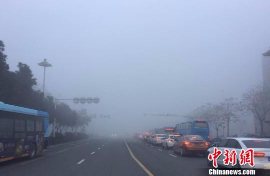 图为1日，扬州遭强浓雾，汽车缓慢“爬行”。　崔佳明 摄