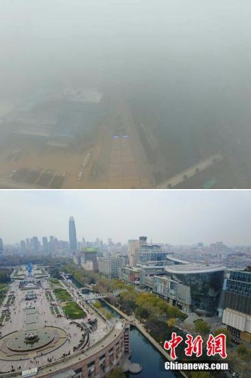 上图为12月20日，雾霾笼罩整个济南市，市中心的泉城广场在航拍中直接“消失”，深中“霾”伏。下图为一周前，天气晴好、阳光明媚的泉城广场景象。谢树亮 摄