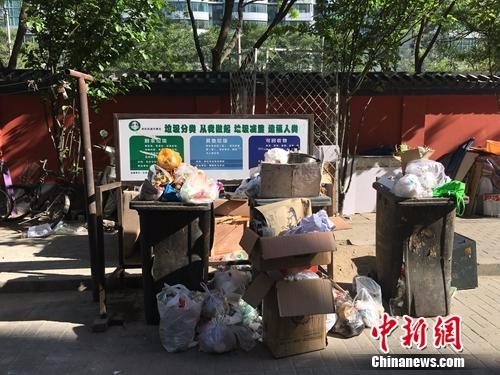 资料图：北京农光里小区内分类垃圾桶呈现无序状态。汤琪 摄