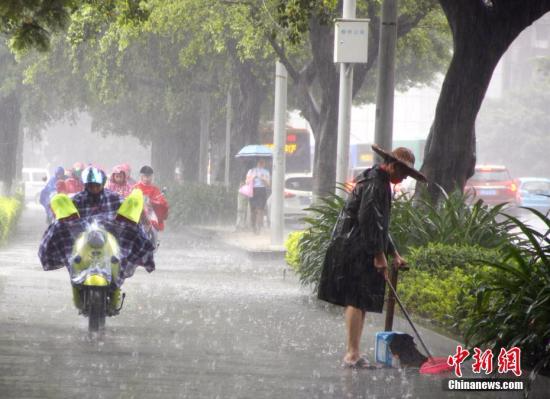6月16日，广西柳州市遭暴雨侵袭，一名清洁工在雨中扫地。 <a target='_blank' href='http://www.chinanews.com/'></table>中新社</a>记者 朱柳融 摄