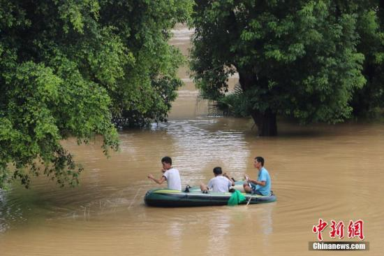 7月3日，受连日强降雨影响，广西柳州市区柳江河水位暴涨，部分沿江路段被洪水淹没。当天4时50分许，柳江柳州水文站出现85.56米左右的洪峰水位（警戒水位82.5米）。当地民众在洪水里划皮划艇放网捕鱼、自拍、洗车。目前，洪峰已过境，柳江柳州市区水位在不断下降。图为当地民众在被洪水淹路段划皮划艇放网捕鱼。 林馨 摄