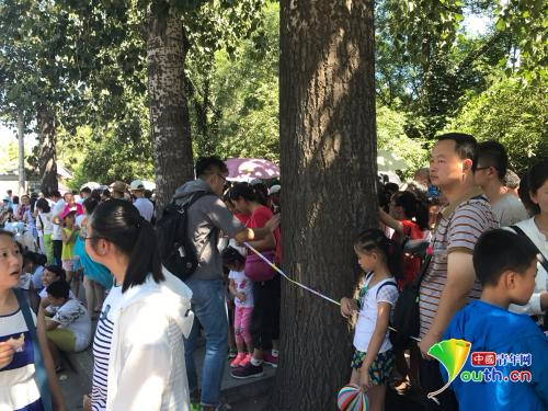 排队等待下午参观清华的人群。中国青年网记者张瑞宇摄。