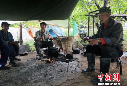 9月22日，摩梭渔民在泸沽湖岸边的大帐篷里谈论一天的收获情况。　王磊　摄
