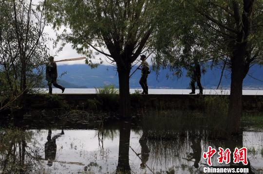 9月22日，摩梭渔民们扛着撸走在泸沽湖岸边。　王磊　摄