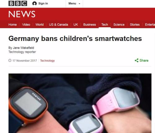 据英国广播公司(BBC)报道，德国联邦网络局禁止在该国销售儿童智能手表。来源：BBC官网截图。