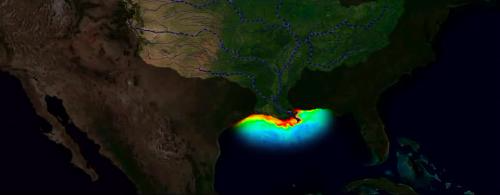 资料图：“死区”是指海洋中近乎无氧的地区。每年春季，墨西哥湾会形成最大的“死区”之一。（图片来源：美国国家海洋和大气管理局网站）