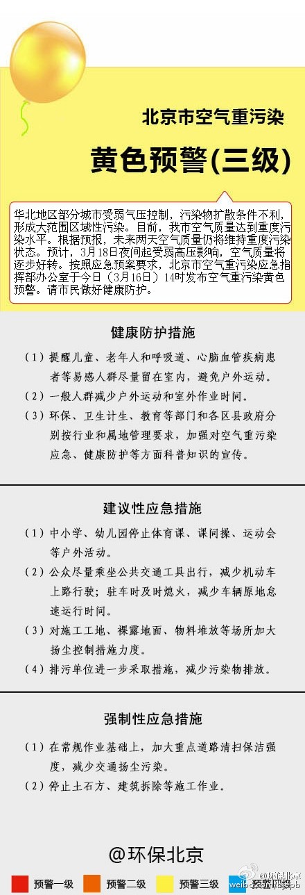 北京发布空气重污染黄色预警 未来两天重度污染