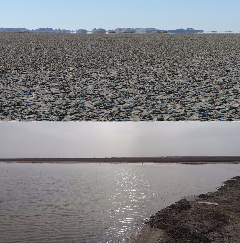 上图：2007年11月1日拍摄的干涸的哈拉湖（孙志成摄）；下图：2017年3月19日拍摄的重现碧波的哈拉湖（冯玉雷摄）。