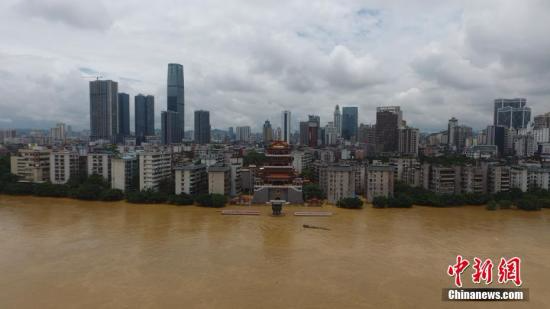 7月3日，因受连日暴雨影响，广西柳江河柳州段出现超警戒水位。洪水导致沿江低洼地带被淹，柳州呈现洪水围城的情景，城市在洪水中如同孤岛。当天4时50分许，柳江柳州水文站出现85.56米左右的洪峰水位(警戒水位82.5米)。连日来广西多地遭遇大到暴雨袭击，强降雨造成部分河流超警戒水位。 王以照 摄