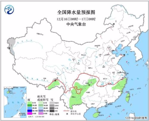 全国降水量预报图(16日08时-17日08时)